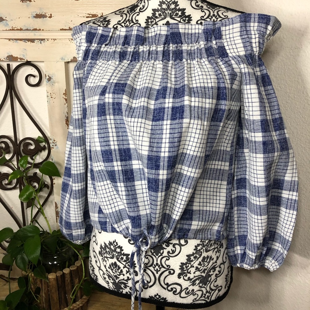 Endless rose plaid off shoulder tie waist top